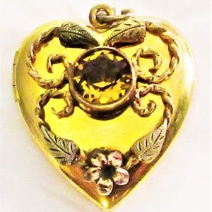 ANTIQUE GOLD FILLED HEART LOCKET W/CITRINE